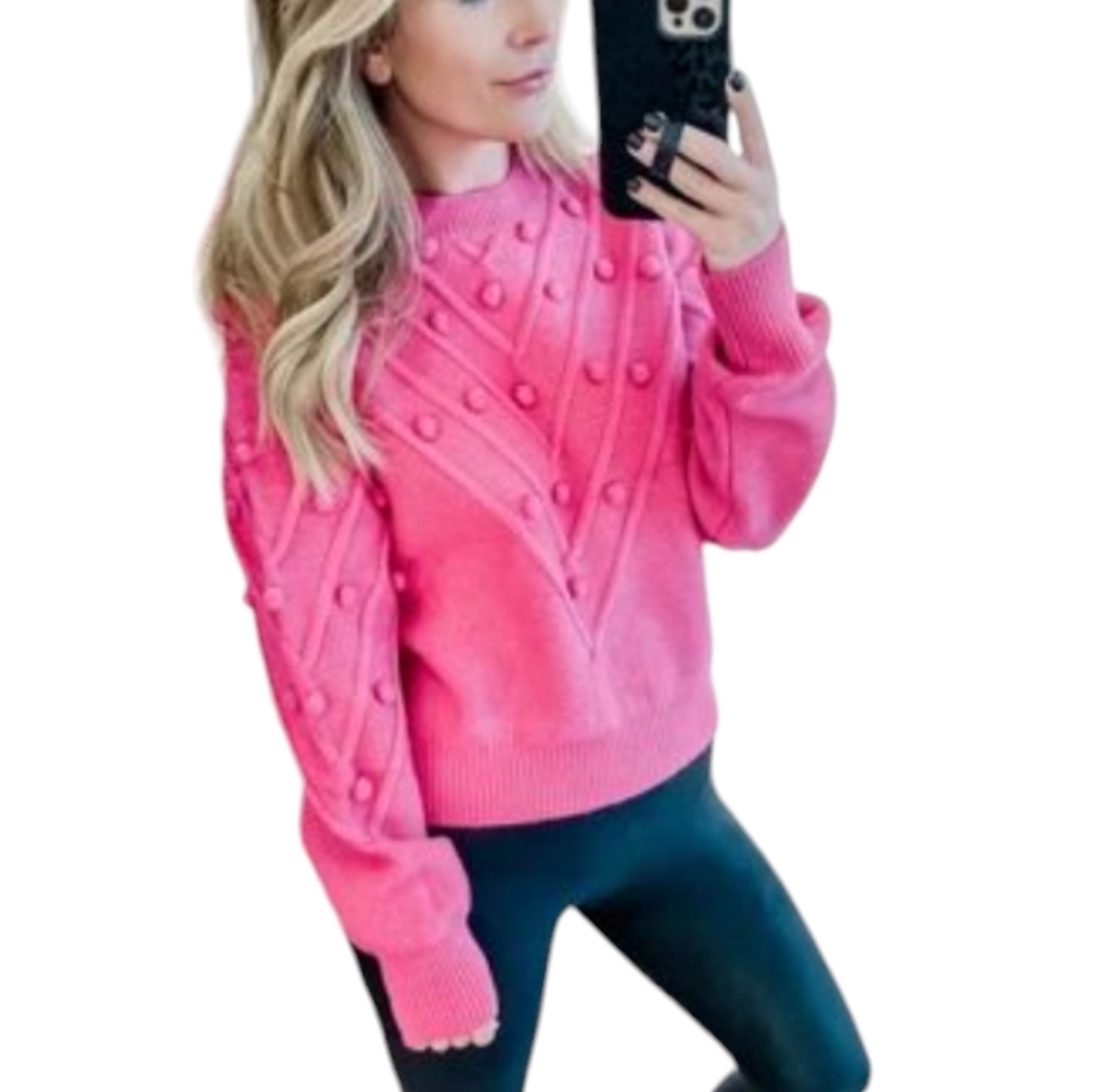 Fable Pom Pom Sweater Cable Knit Pink Large
